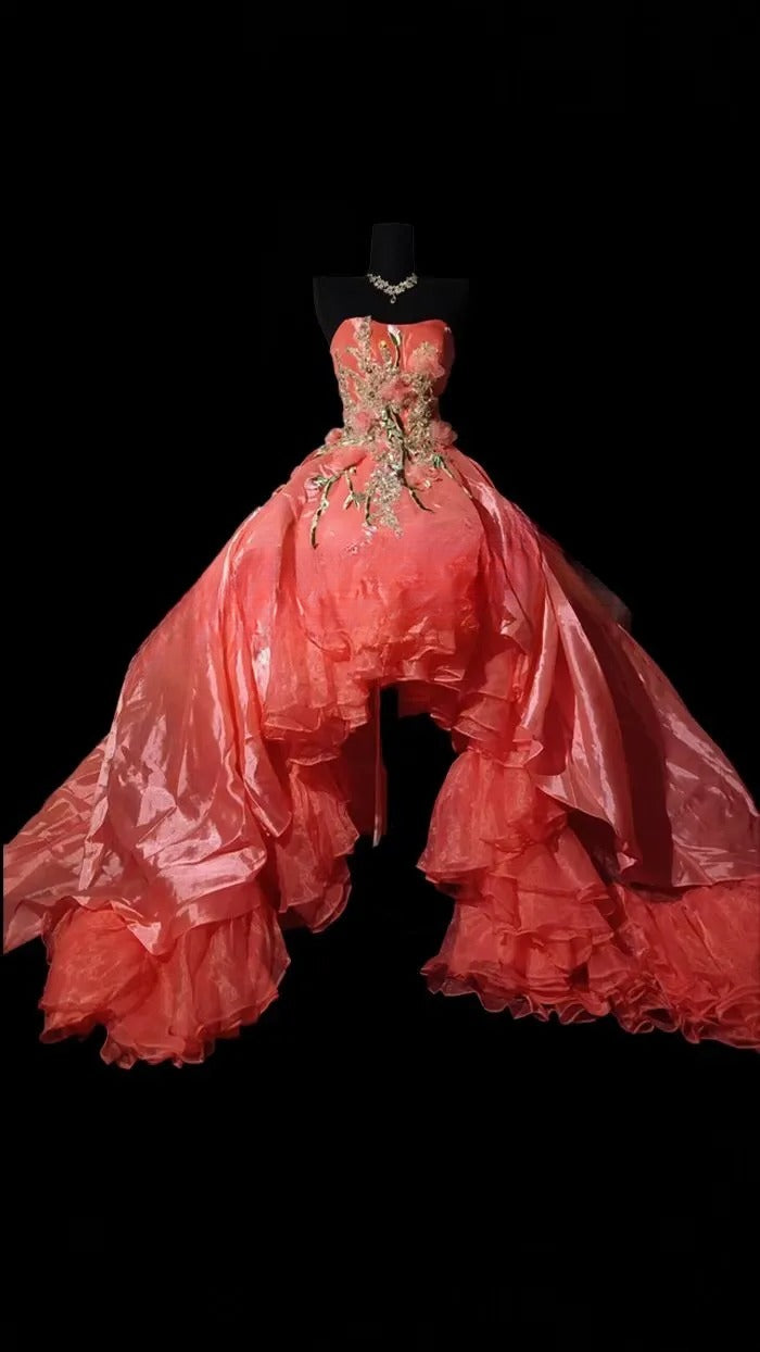 Beautiful Ball Gown Strapless Coral High Low With Appliqued Long Prom Dress Formal Dress Party Dresses RB7158
