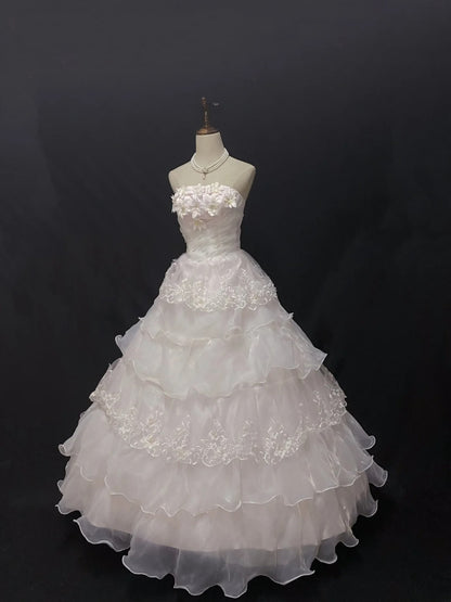 Fairytale Ball Gown Strapless Light Pink Tulle Long With Lace Quince Dress inspo Quinceanera Dresses Sweet 15 16 Outfits RB7838