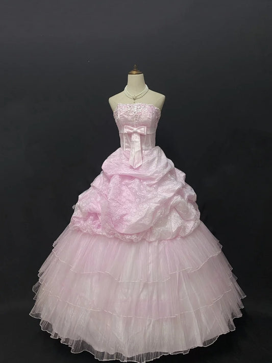 Fairytale Ball Gown Strapless Pink Tulle Long With Lace Quince Dress inspo Quinceanera Dresses Sweet 15 16 Outfits RB7839
