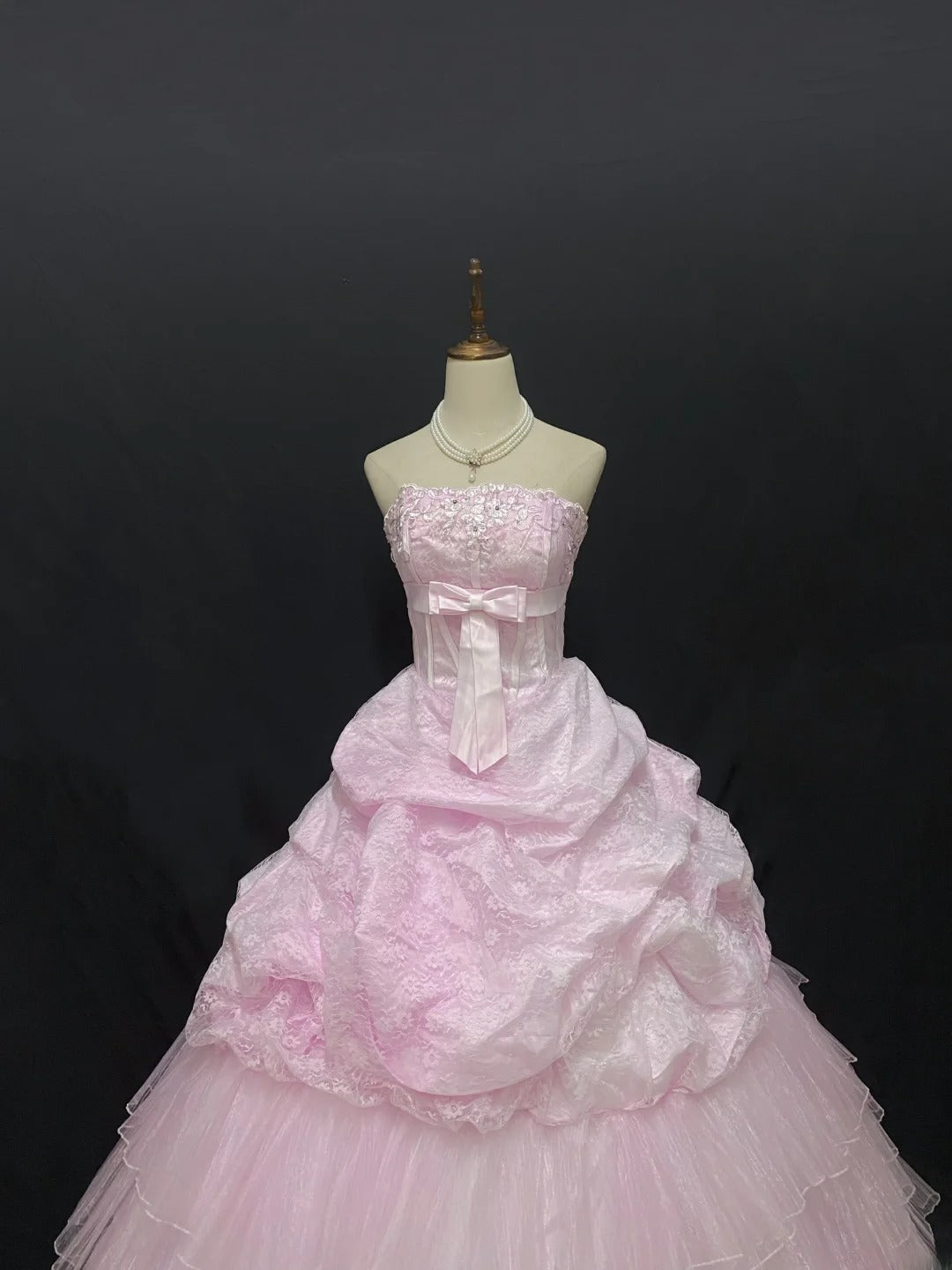 Fairytale Ball Gown Strapless Pink Tulle Long With Lace Quince Dress inspo Quinceanera Dresses Sweet 15 16 Outfits RB7839