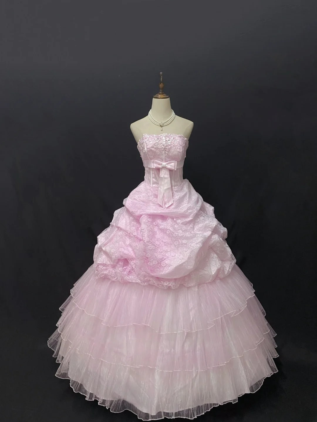 Fairytale Ball Gown Strapless Pink Tulle Long With Lace Quince Dress inspo Quinceanera Dresses Sweet 15 16 Outfits RB7839