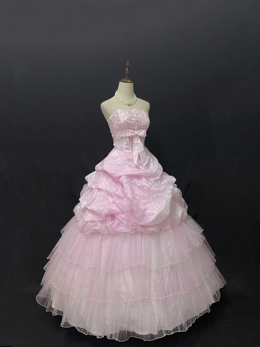 Fairytale Ball Gown Strapless Pink Tulle Long With Lace Quince Dress inspo Quinceanera Dresses Sweet 15 16 Outfits RB7839