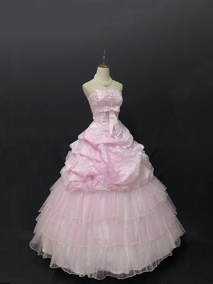 Fairytale Ball Gown Strapless Pink Tulle Long With Lace Quince Dress inspo Quinceanera Dresses Sweet 15 16 Outfits RB7839