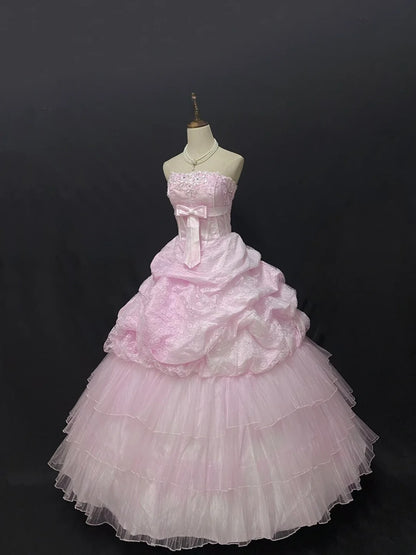 Fairytale Ball Gown Strapless Pink Tulle Long With Lace Quince Dress inspo Quinceanera Dresses Sweet 15 16 Outfits RB7839