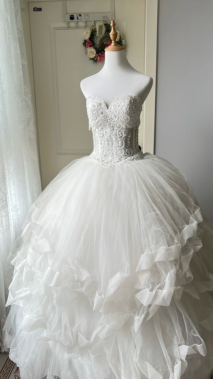 Süßes Sweet 16 Kleid, lang, herzförmiger Ausschnitt, weißer Tüll mit gestuften Lagen, Ballkleid, Sweet Sixteen Geburtstagskleider RC0709