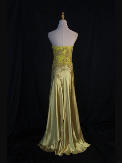 Retro 60er Jahre Meerjungfrauen-Abendkleid aus gelbem Chiffon mit Spitze und Perlen, langes Kleid, Inspiration für den 22. Geburtstag, formelles Abendkleid AS386