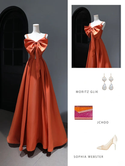 Robe de bal modeste, coupe trapèze, bretelles spaghetti, satin orange, inspiration style, corset, robe de soirée longue et cintrée AS386