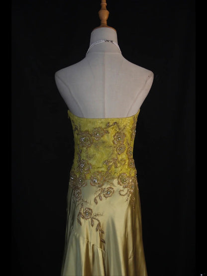 Retro 60er Jahre Meerjungfrauen-Abendkleid aus gelbem Chiffon mit Spitze und Perlen, langes Kleid, Inspiration für den 22. Geburtstag, formelles Abendkleid AS386
