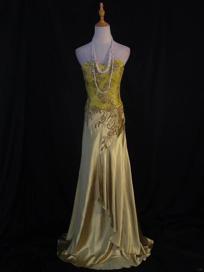 Retro 60er Jahre Meerjungfrauen-Abendkleid aus gelbem Chiffon mit Spitze und Perlen, langes Kleid, Inspiration für den 22. Geburtstag, formelles Abendkleid AS386