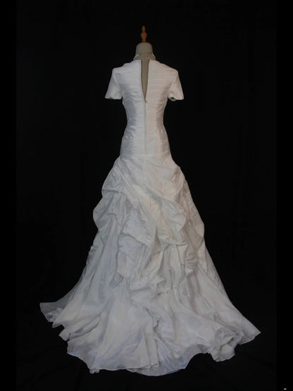 Prinzessinnen-Ballkleid für Damen mit Herzausschnitt, kurzen Ärmeln, weißem Taft und Schleppe, Hochzeitskleider AS387