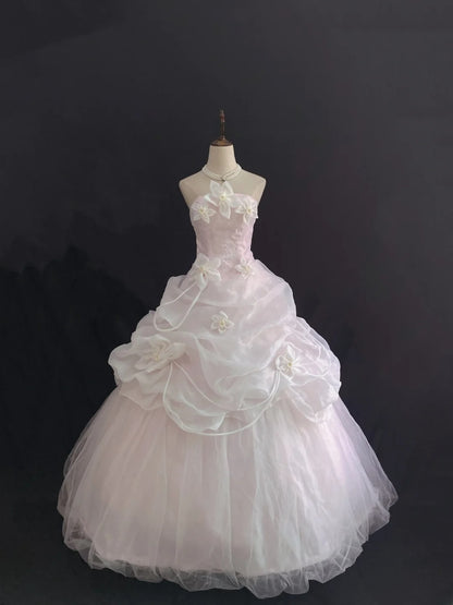 Fairytale Ball Gown Strapless Light Pink Long With Ruffled Flowers Quince Dress inspo Quinceanera Dresses Sweet 15 16 Outfits RB7841