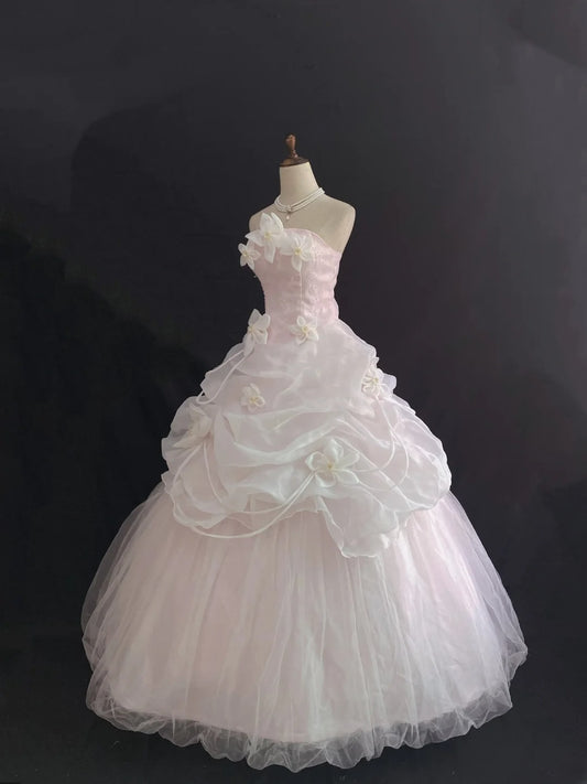 Fairytale Ball Gown Strapless Light Pink Long With Ruffled Flowers Quince Dress inspo Quinceanera Dresses Sweet 15 16 Outfits RB7841