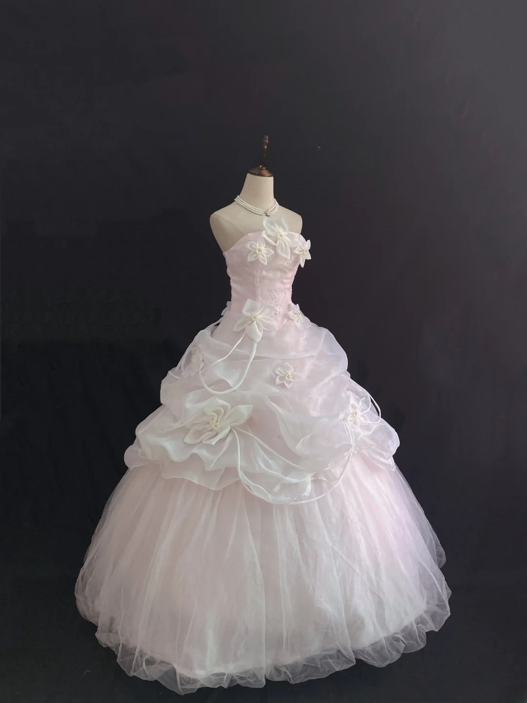Fairytale Ball Gown Strapless Light Pink Long With Ruffled Flowers Quince Dress inspo Quinceanera Dresses Sweet 15 16 Outfits RB7841