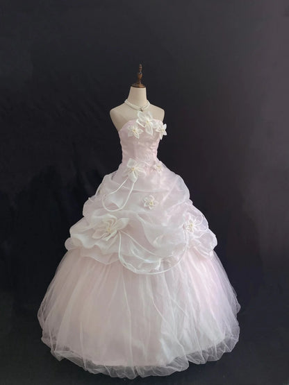 Fairytale Ball Gown Strapless Light Pink Long With Ruffled Flowers Quince Dress inspo Quinceanera Dresses Sweet 15 16 Outfits RB7841