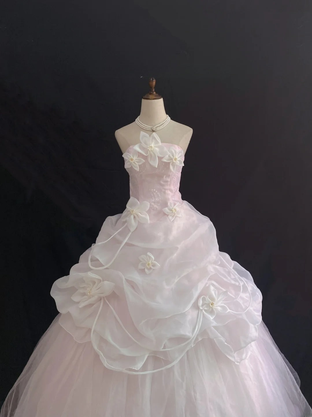 Fairytale Ball Gown Strapless Light Pink Long With Ruffled Flowers Quince Dress inspo Quinceanera Dresses Sweet 15 16 Outfits RB7841