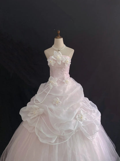Fairytale Ball Gown Strapless Light Pink Long With Ruffled Flowers Quince Dress inspo Quinceanera Dresses Sweet 15 16 Outfits RB7841
