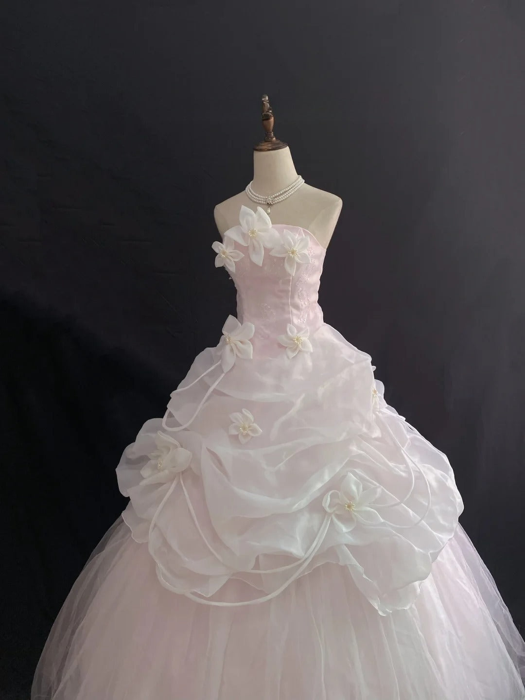 Fairytale Ball Gown Strapless Light Pink Long With Ruffled Flowers Quince Dress inspo Quinceanera Dresses Sweet 15 16 Outfits RB7841