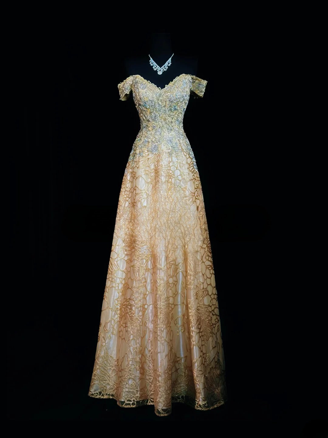 Vintage 2000s Prom Dresses A line Off The Shoulder Gold Lace With Zipper Back Long Party Formal Outfits RB6207
