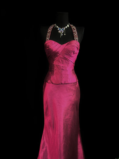 Modest Prom Dresses Mermaid Halter Hot Pink Taffeta 1950s Retro Classy Party Formal Outfits RB6208