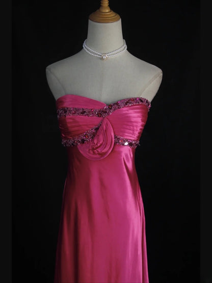 Retro-Abendkleid im Stil der 1950er Jahre: A-Linie, herzförmiger Ausschnitt, pinkfarben mit Perlen, langes Kleid, Inspiration für den 21. Geburtstag, formelles Abendkleid AS389
