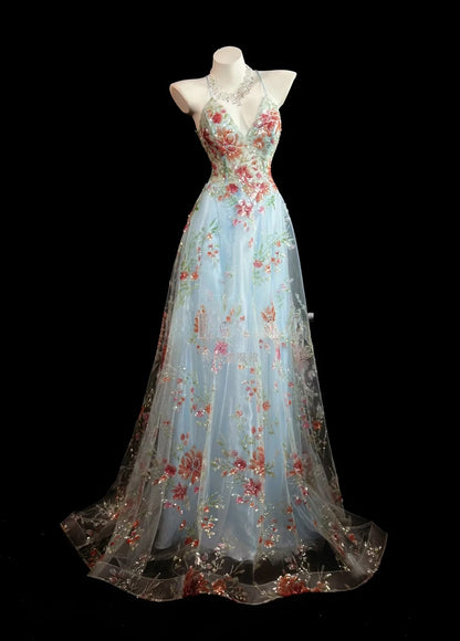 Vintage 2000s Prom Dresses A line Halter Light Sky Blue Lace With Backless Long Party Formal Outfits RB6209