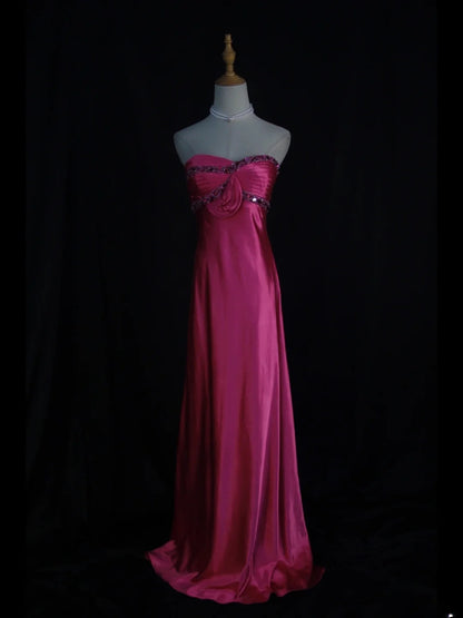 Retro-Abendkleid im Stil der 1950er Jahre: A-Linie, herzförmiger Ausschnitt, pinkfarben mit Perlen, langes Kleid, Inspiration für den 21. Geburtstag, formelles Abendkleid AS389
