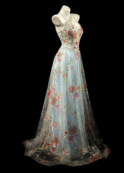 Vintage 2000s Prom Dresses A line Halter Light Sky Blue Lace With Backless Long Party Formal Outfits RB6209