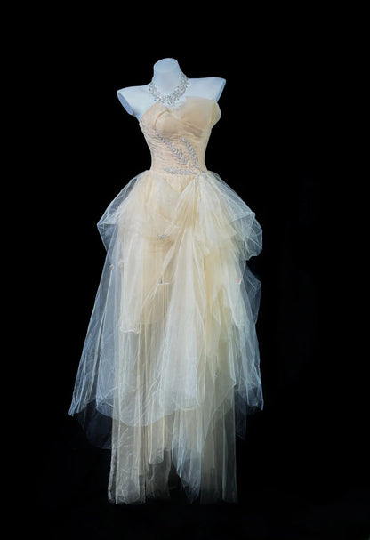 Modest Prom Dresses Ball Gown Strapless Champagne Tulle 1950s Retro Classy Party Formal Outfits RB6210
