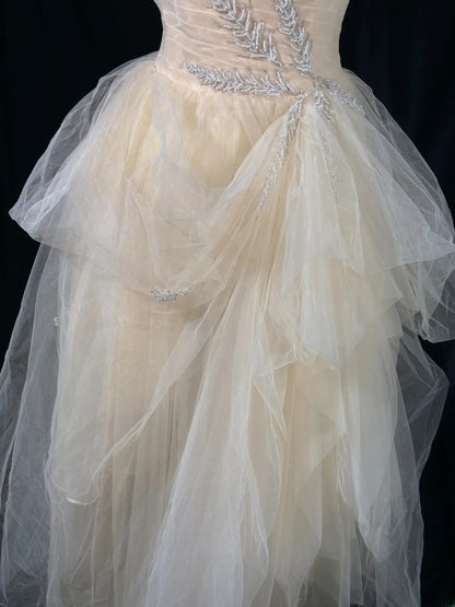 Modest Prom Dresses Ball Gown Strapless Champagne Tulle 1950s Retro Classy Party Formal Outfits RB6210