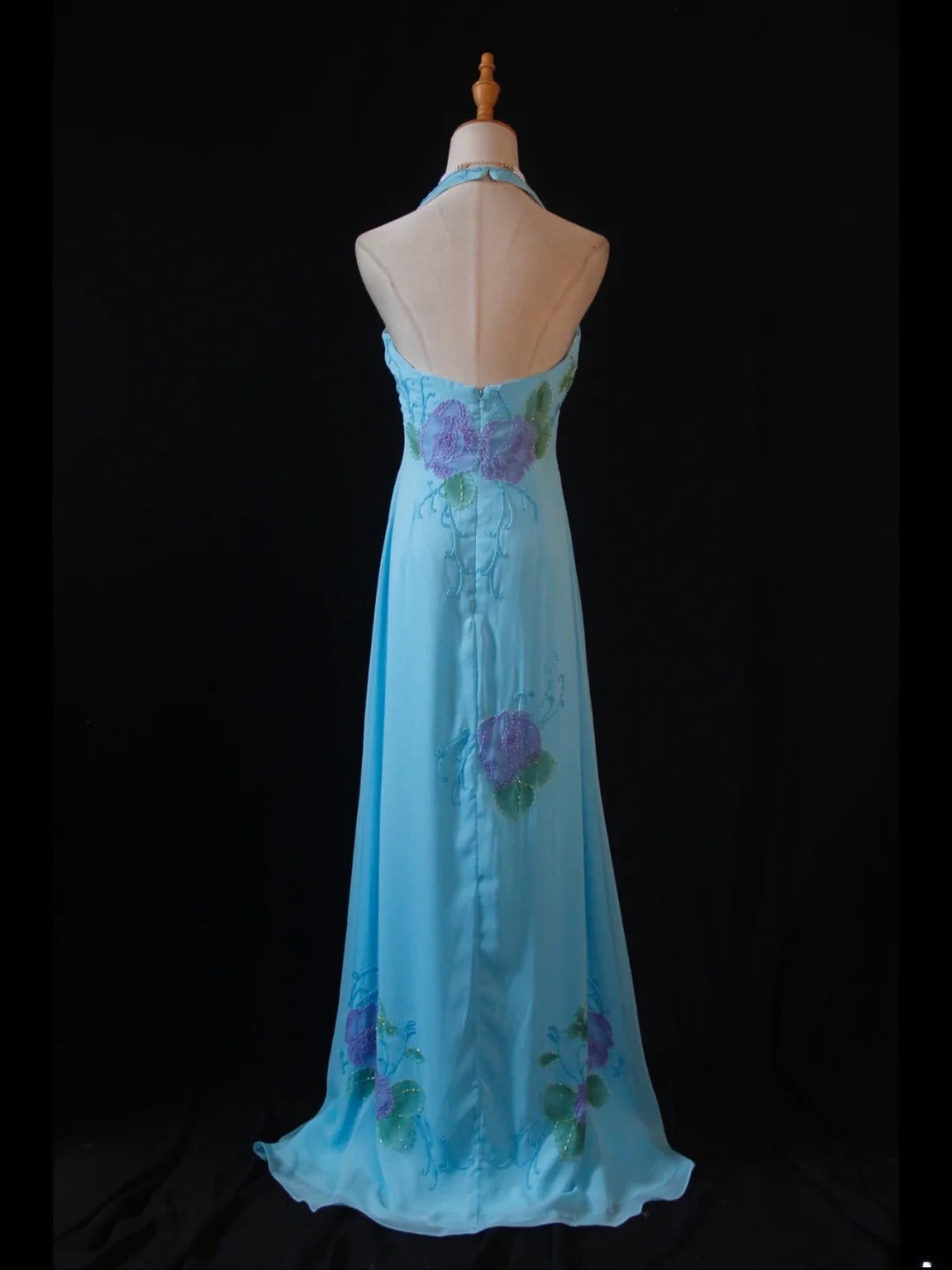 Vintage A-Linien-Halterkleid aus Chiffon, blau, 1950er Jahre, mit perlenbesetztem Oberteil, langes Ballkleid, Inspiration für Geburtstagsoutfit, formelles Abendkleid AS391
