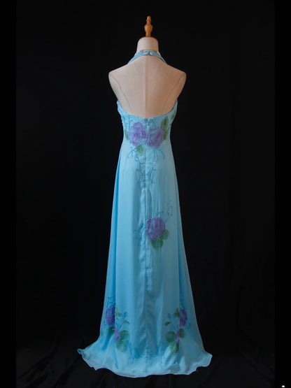 Vintage A-Linien-Halterkleid aus Chiffon, blau, 1950er Jahre, mit perlenbesetztem Oberteil, langes Ballkleid, Inspiration für Geburtstagsoutfit, formelles Abendkleid AS391