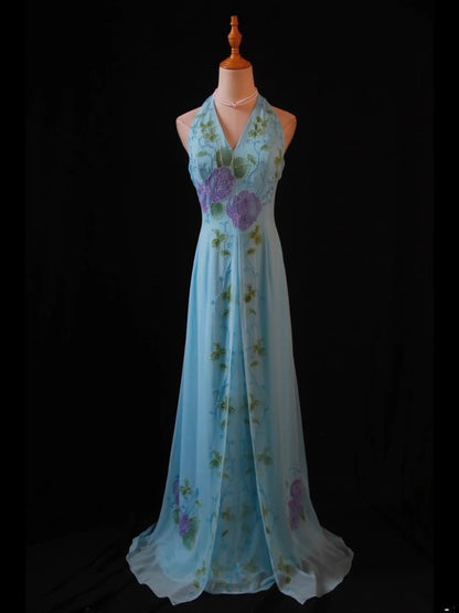 Vintage A-Linien-Halterkleid aus Chiffon, blau, 1950er Jahre, mit perlenbesetztem Oberteil, langes Ballkleid, Inspiration für Geburtstagsoutfit, formelles Abendkleid AS391