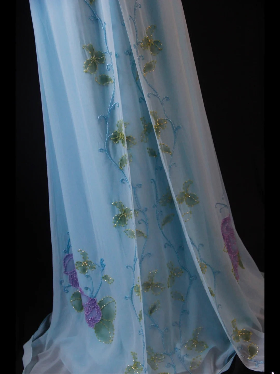 Vintage A-Linien-Halterkleid aus Chiffon, blau, 1950er Jahre, mit perlenbesetztem Oberteil, langes Ballkleid, Inspiration für Geburtstagsoutfit, formelles Abendkleid AS391