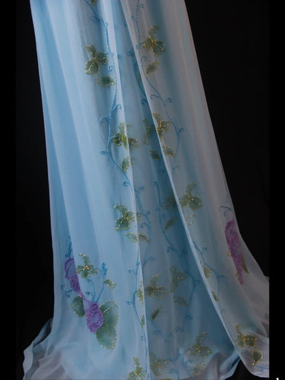 Vintage A-Linien-Halterkleid aus Chiffon, blau, 1950er Jahre, mit perlenbesetztem Oberteil, langes Ballkleid, Inspiration für Geburtstagsoutfit, formelles Abendkleid AS391