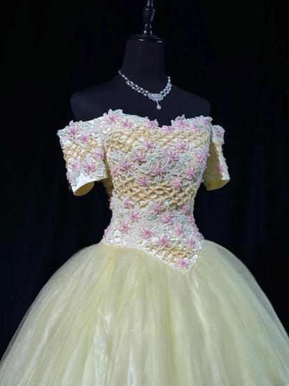 Charming Prom Dresses Ball Gown Off The Shoulder Light Yellow Tulle With Beading Night Evening Formal Outfits RB6212