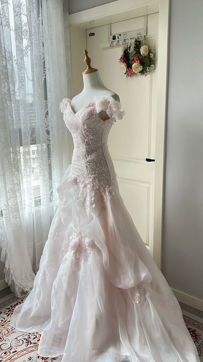Modest Prom Dresses Aesthetic Mermaid Off Shoulder Pink Organze Lace Long Evening Outfits RC0715