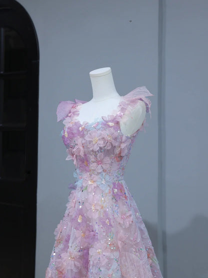 Niedliches Ballkleid im ästhetischen A-Linien-Stil mit Spaghettiträgern, rosa Blumenmuster, inspirierendem Stil, figurbetontem Korsett, langem Partykleid AS393