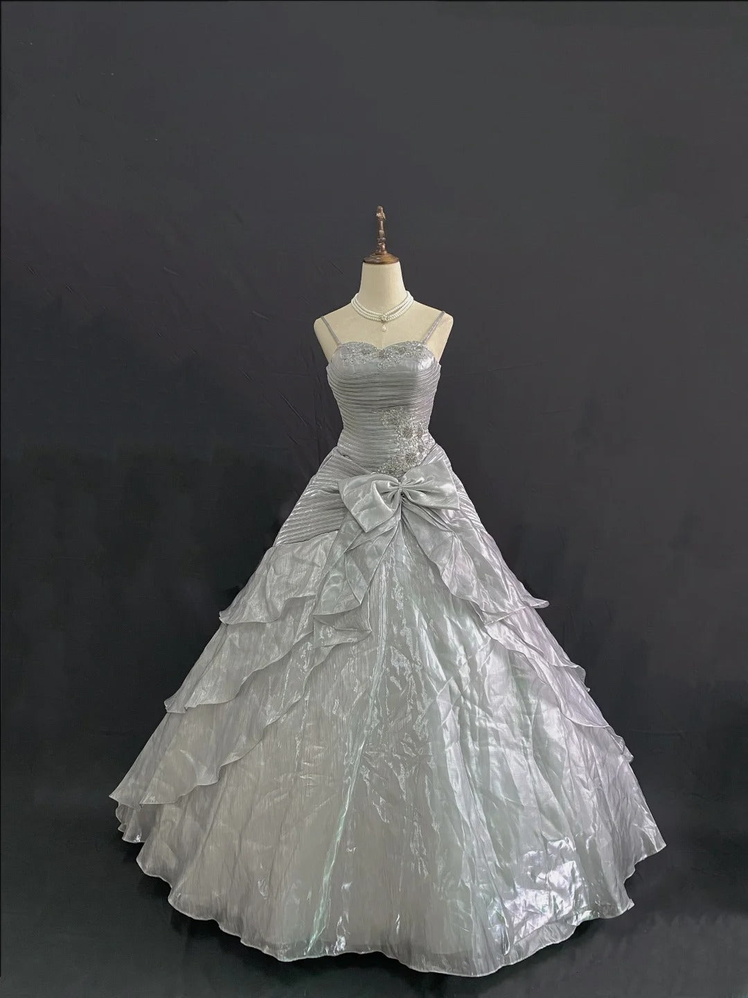 Princess Vibes Ball Gown Spaghetti Straps Grey Long With Lace Bow Quince Dress inspo Quinceanera Dresses Sweet 15 16 Outfits RB7847
