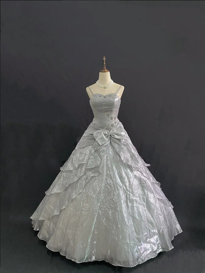 Princess Vibes Ball Gown Spaghetti Straps Grey Long With Lace Bow Quince Dress inspo Quinceanera Dresses Sweet 15 16 Outfits RB7847