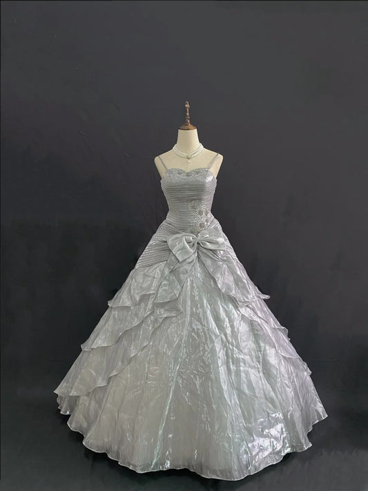 Princess Vibes Ball Gown Spaghetti Straps Grey Long With Lace Bow Quince Dress inspo Quinceanera Dresses Sweet 15 16 Outfits RB7847