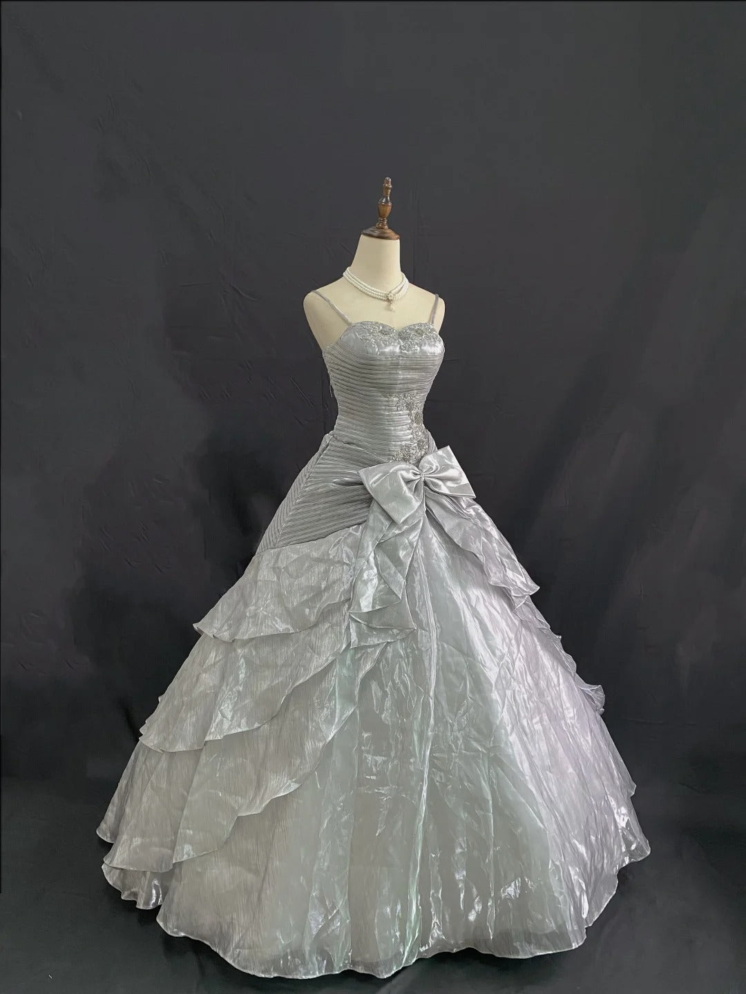 Princess Vibes Ball Gown Spaghetti Straps Grey Long With Lace Bow Quince Dress inspo Quinceanera Dresses Sweet 15 16 Outfits RB7847