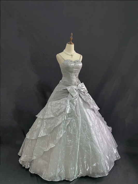 Princess Vibes Ball Gown Spaghetti Straps Grey Long With Lace Bow Quince Dress inspo Quinceanera Dresses Sweet 15 16 Outfits RB7847