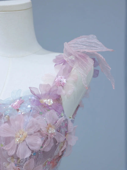 Niedliches Ballkleid im ästhetischen A-Linien-Stil mit Spaghettiträgern, rosa Blumenmuster, inspirierendem Stil, figurbetontem Korsett, langem Partykleid AS393