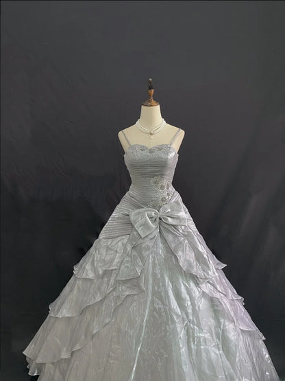 Princess Vibes Ball Gown Spaghetti Straps Grey Long With Lace Bow Quince Dress inspo Quinceanera Dresses Sweet 15 16 Outfits RB7847