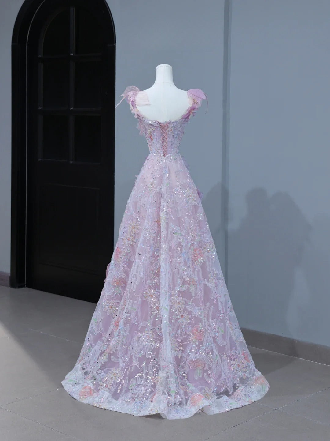 Niedliches Ballkleid im ästhetischen A-Linien-Stil mit Spaghettiträgern, rosa Blumenmuster, inspirierendem Stil, figurbetontem Korsett, langem Partykleid AS393