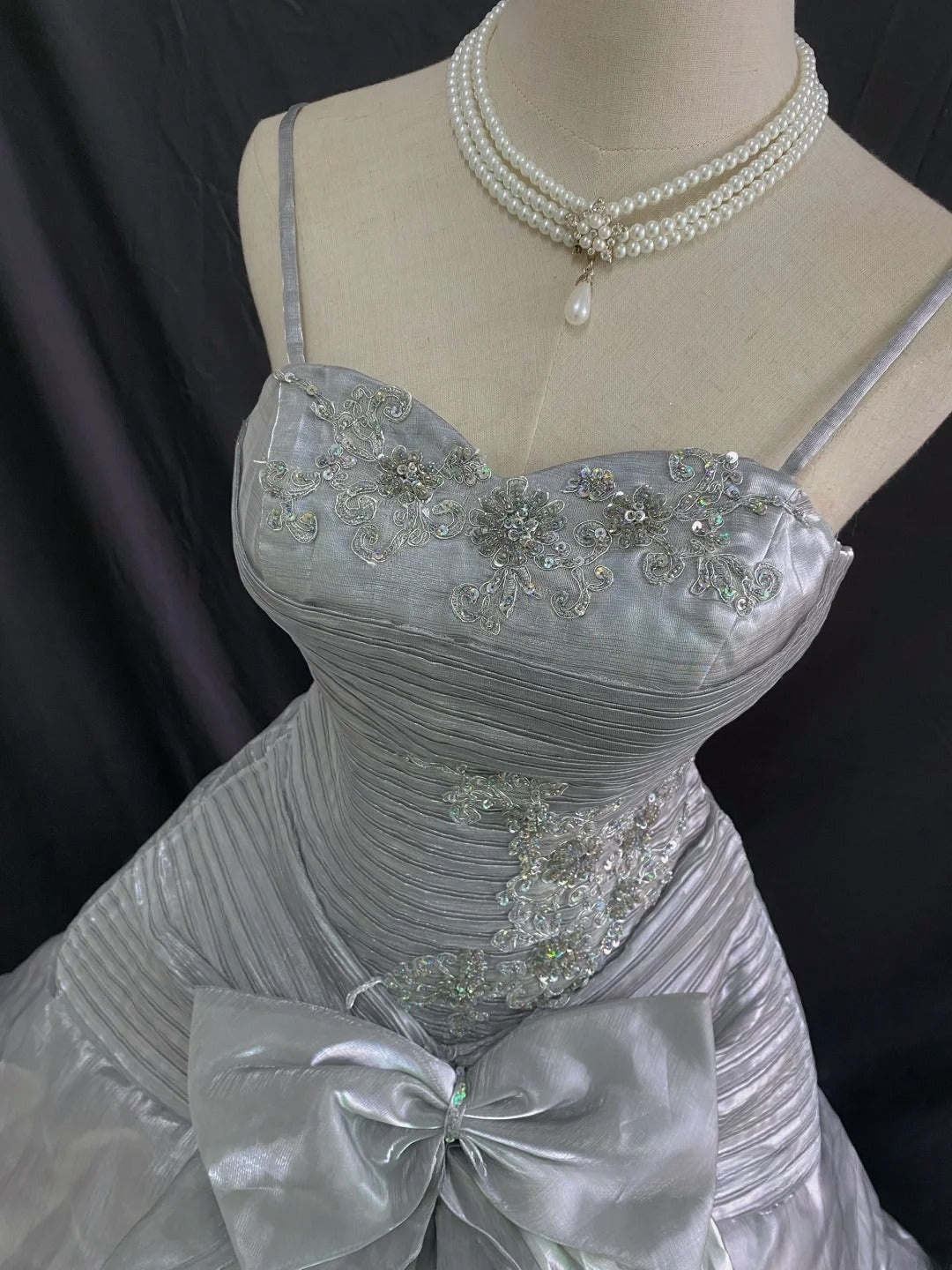 Princess Vibes Ball Gown Spaghetti Straps Grey Long With Lace Bow Quince Dress inspo Quinceanera Dresses Sweet 15 16 Outfits RB7847