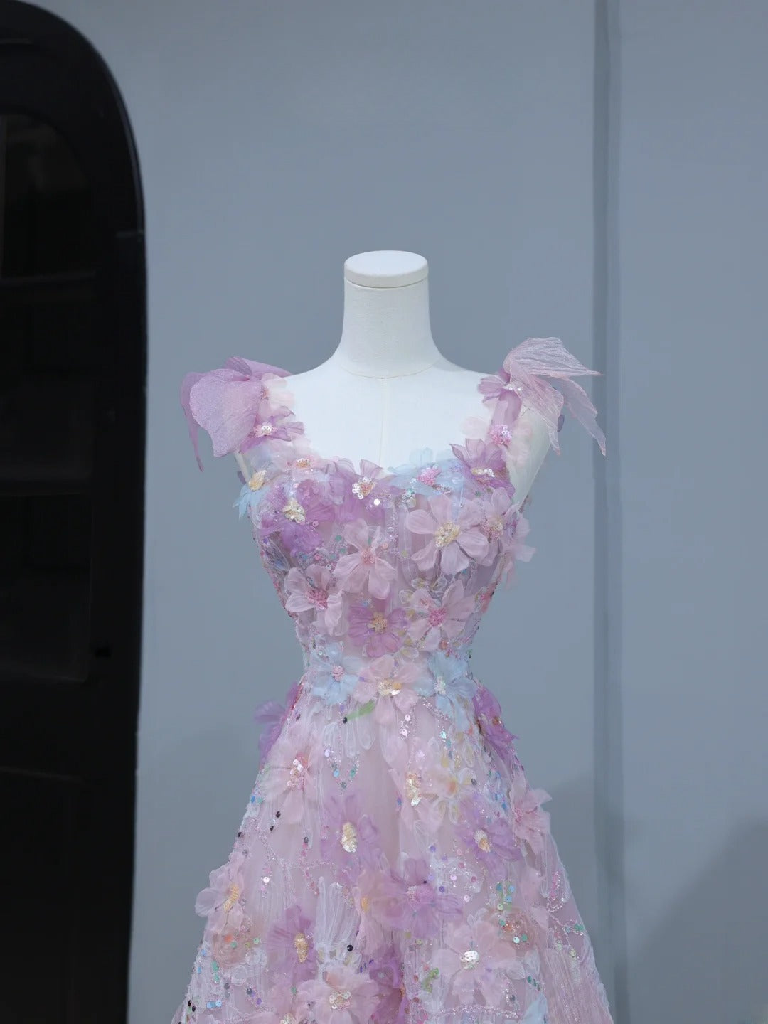 Niedliches Ballkleid im ästhetischen A-Linien-Stil mit Spaghettiträgern, rosa Blumenmuster, inspirierendem Stil, figurbetontem Korsett, langem Partykleid AS393