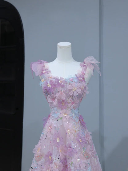 Niedliches Ballkleid im ästhetischen A-Linien-Stil mit Spaghettiträgern, rosa Blumenmuster, inspirierendem Stil, figurbetontem Korsett, langem Partykleid AS393