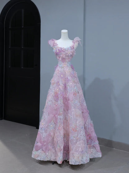 Niedliches Ballkleid im ästhetischen A-Linien-Stil mit Spaghettiträgern, rosa Blumenmuster, inspirierendem Stil, figurbetontem Korsett, langem Partykleid AS393