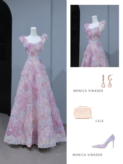 Niedliches Ballkleid im ästhetischen A-Linien-Stil mit Spaghettiträgern, rosa Blumenmuster, inspirierendem Stil, figurbetontem Korsett, langem Partykleid AS393